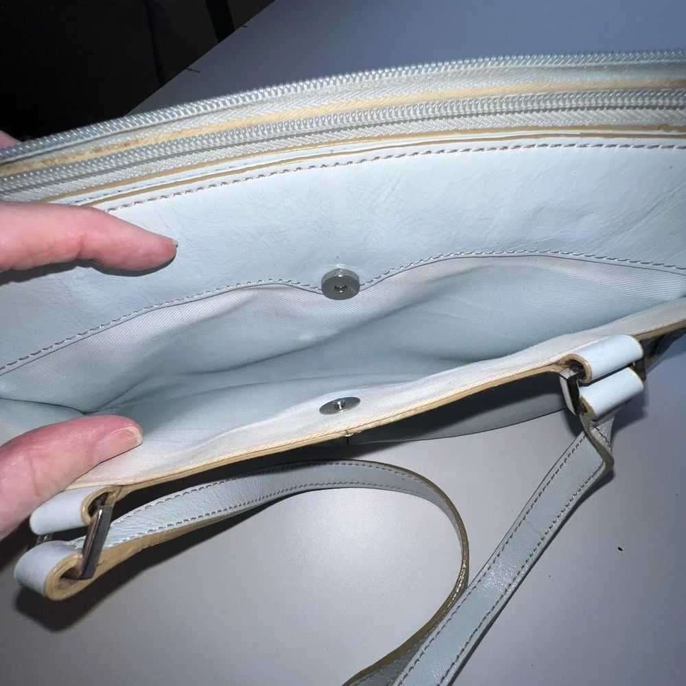 Etienne Light Blue Leather Shoulder Bag Zip Closure Dividers Pockets